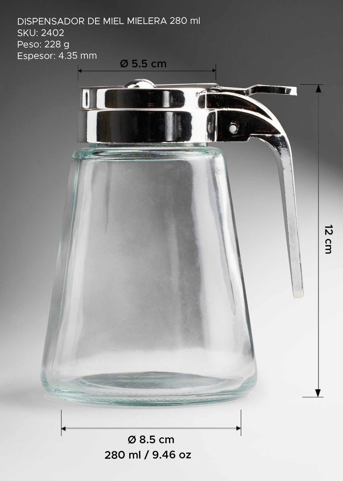 Dispensador de miel de vidrio transparente 280 ml — imagen de producto