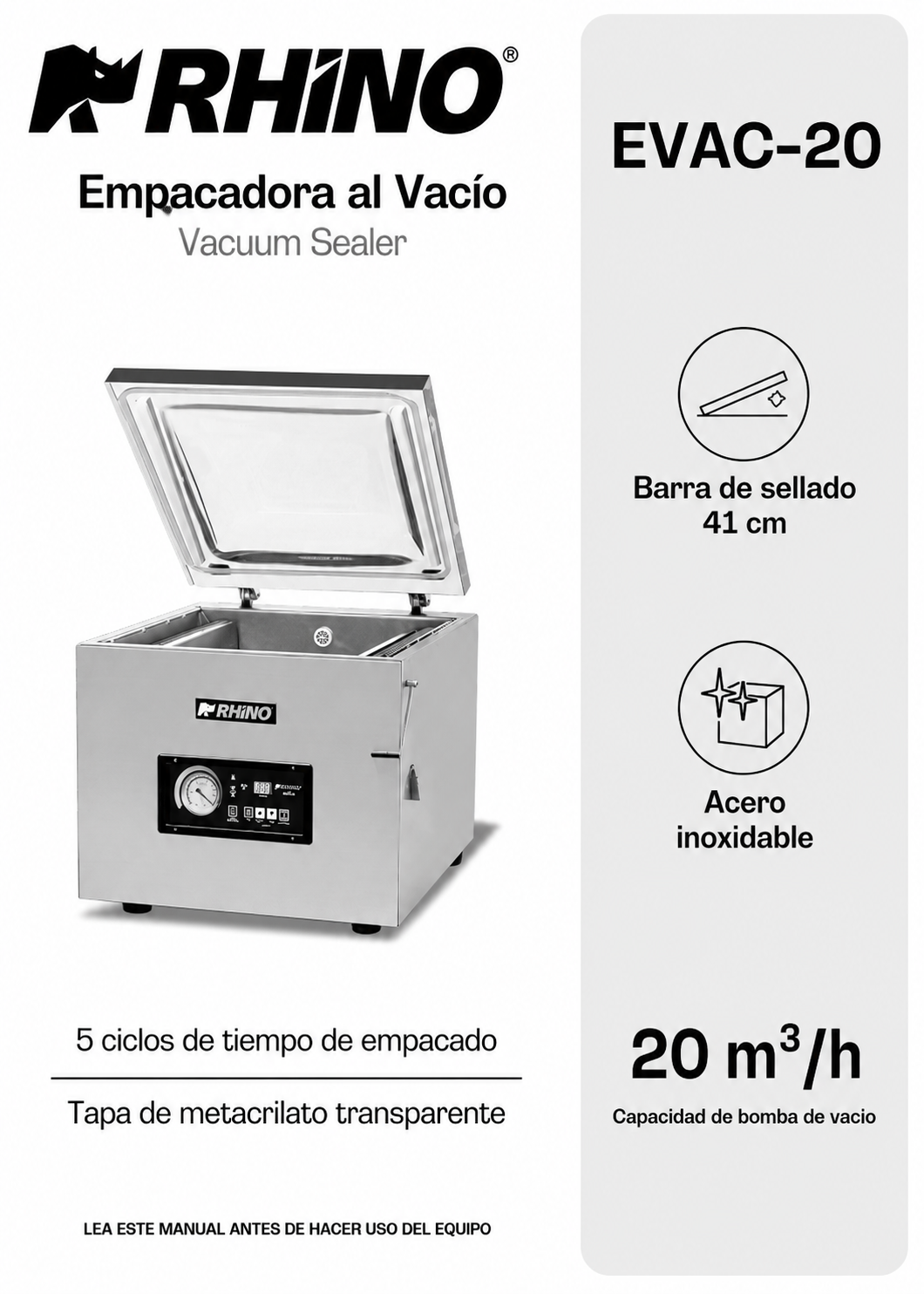 Empacadora al vacío de cámara 45x45x10 cm con capacidad de bomba de 20 m³/h con doble barra de sellado 41 cm gabinete de acero inoxidable grado alimenticio. Rhino EVAC-20 — imagen de producto