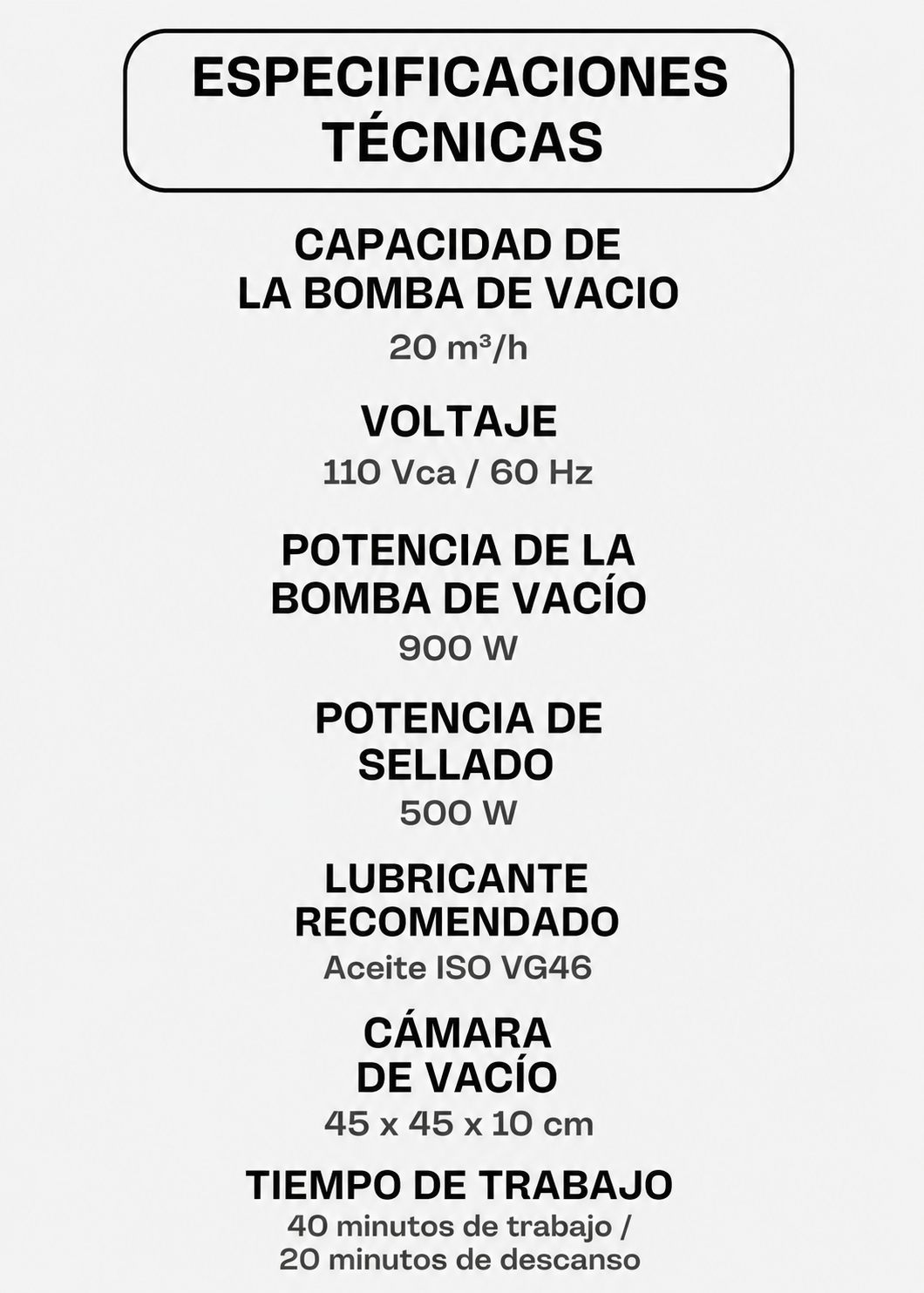 Empacadora al vacío de cámara 45x45x10 cm con capacidad de bomba de 20 m³/h con doble barra de sellado 41 cm gabinete de acero inoxidable grado alimenticio. Rhino EVAC-20 — imagen de producto