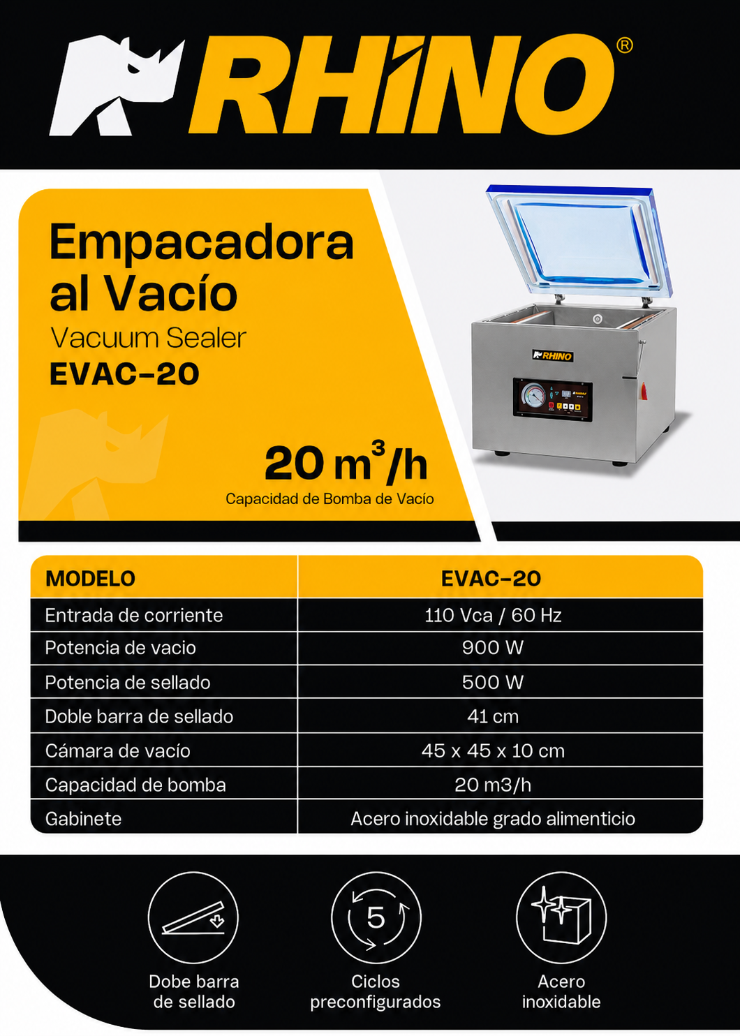 Empacadora al vacío de cámara 45x45x10 cm con capacidad de bomba de 20 m³/h con doble barra de sellado 41 cm gabinete de acero inoxidable grado alimenticio. Rhino EVAC-20 — imagen de producto