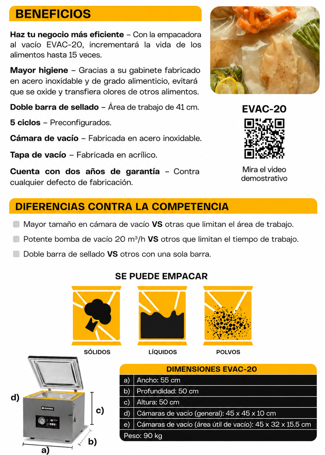 Empacadora al vacío de cámara 45x45x10 cm con capacidad de bomba de 20 m³/h con doble barra de sellado 41 cm gabinete de acero inoxidable grado alimenticio. Rhino EVAC-20 — imagen de producto