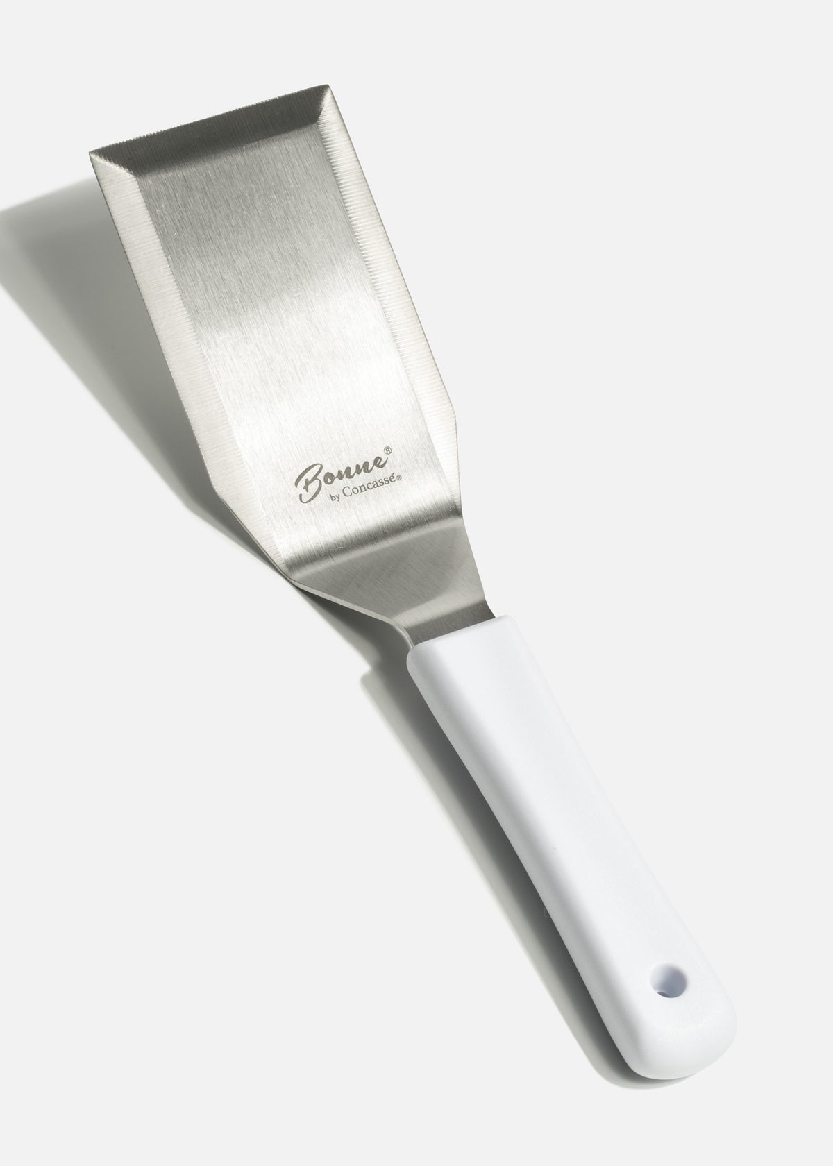 Espátula de cocina rectangular de acero inoxidable con mango de nylon blanco 16x7 cm. Premium — imagen de producto