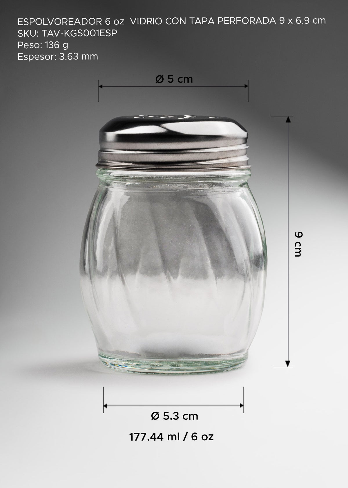 Espolvoreador de cocina de vidrio transparente con tapa perforada 177 ml — imagen de producto