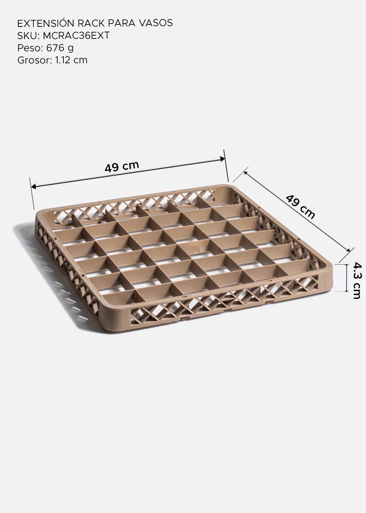 Extensión de rack para vasos de plástico reforzado café para lavavajillas industrial 49x49 cm para 36 vasos — imagen de producto