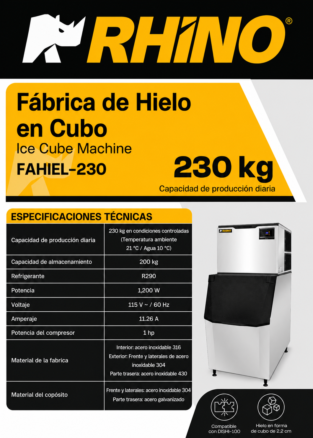 Fabrica industrial de hielo en cubo, producción de 230 kg por 24 hrs. , con deposito de 200 kg. Altura 174.5 cm, ancho 76 cm, largo 86 cm. Cubo de hielo de 2.2 cm. Rhino FAHIEL-230 — imagen de producto