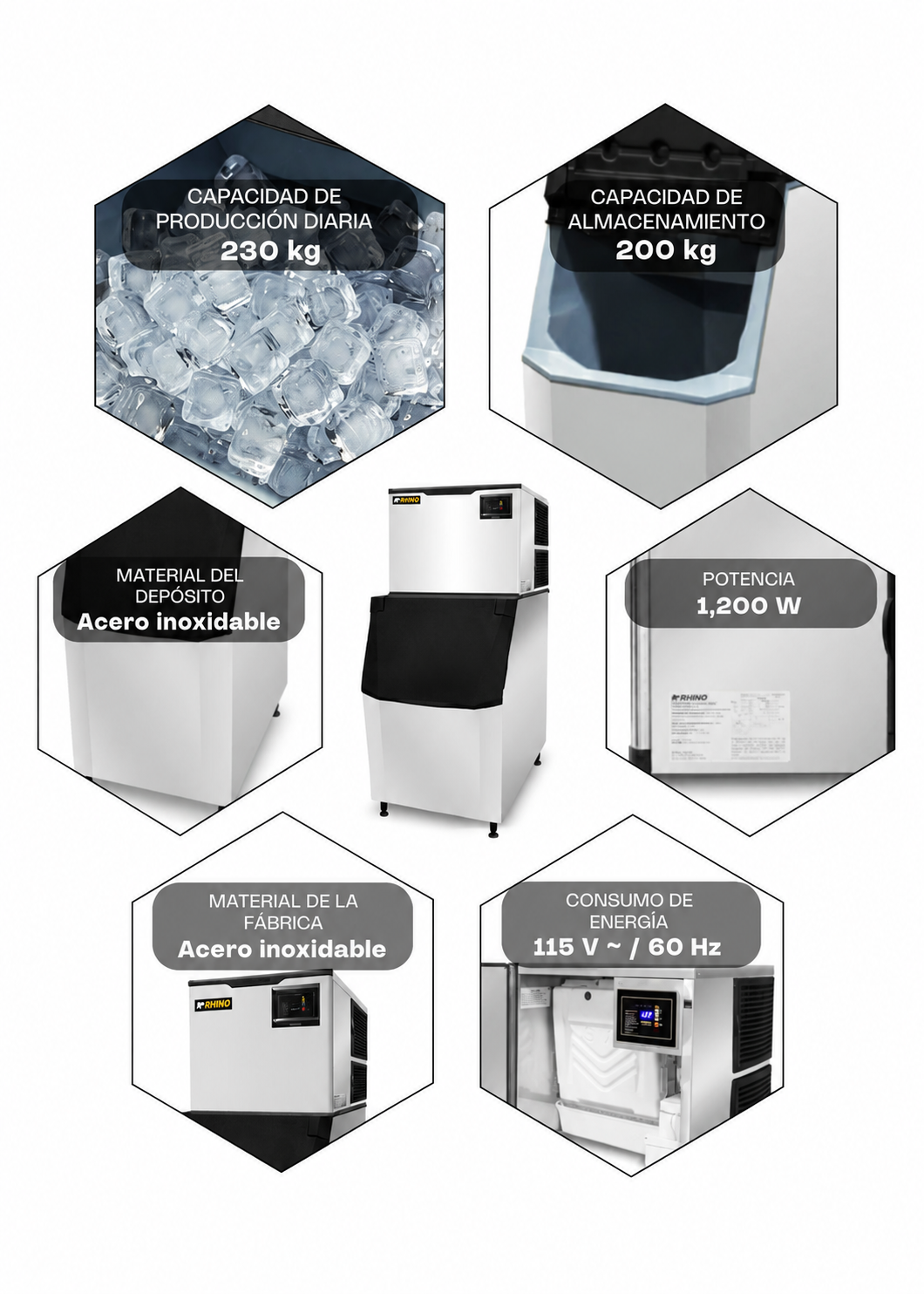 Fabrica industrial de hielo en cubo, producción de 230 kg por 24 hrs. , con deposito de 200 kg. Altura 174.5 cm, ancho 76 cm, largo 86 cm. Cubo de hielo de 2.2 cm. Rhino FAHIEL-230 — imagen de producto