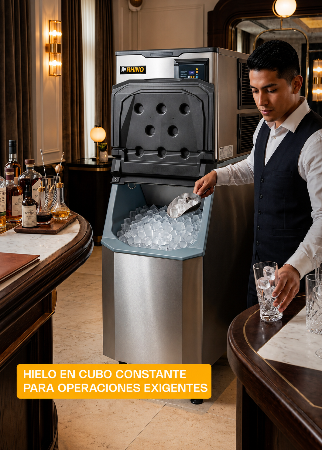 Fabrica industrial de hielo en cubo, producción de 230 kg por 24 hrs. , con deposito de 200 kg. Altura 174.5 cm, ancho 76 cm, largo 86 cm. Cubo de hielo de 2.2 cm. Rhino FAHIEL-230 — imagen de producto