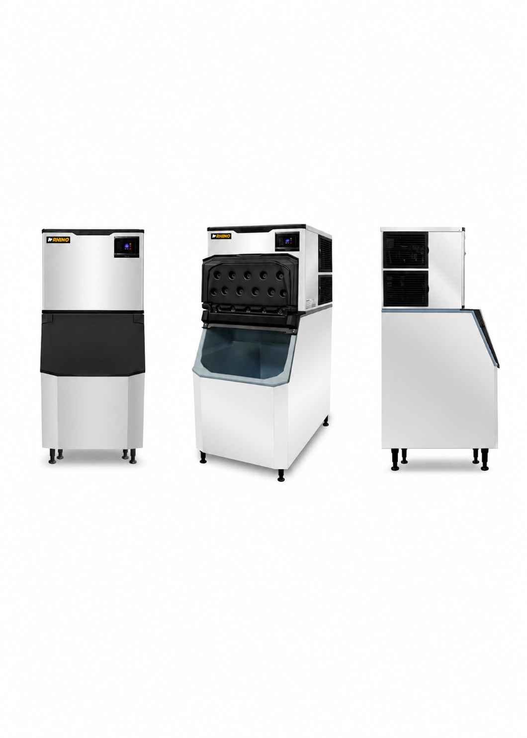 Fabrica industrial de hielo en cubo, producción de 230 kg por 24 hrs. , con deposito de 200 kg. Altura 174.5 cm, ancho 76 cm, largo 86 cm. Cubo de hielo de 2.2 cm. Rhino FAHIEL-230 — imagen de producto