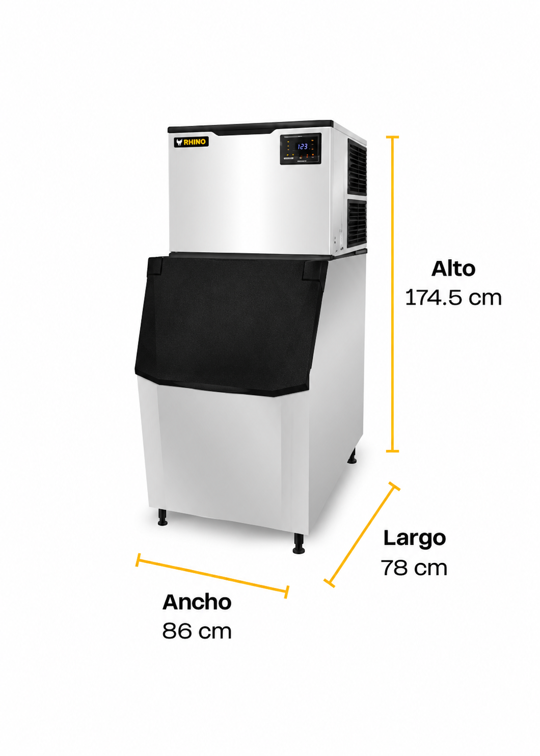 Fabrica industrial de hielo en cubo, producción de 230 kg por 24 hrs. , con deposito de 200 kg. Altura 174.5 cm, ancho 76 cm, largo 86 cm. Cubo de hielo de 2.2 cm. Rhino FAHIEL-230 — imagen de producto
