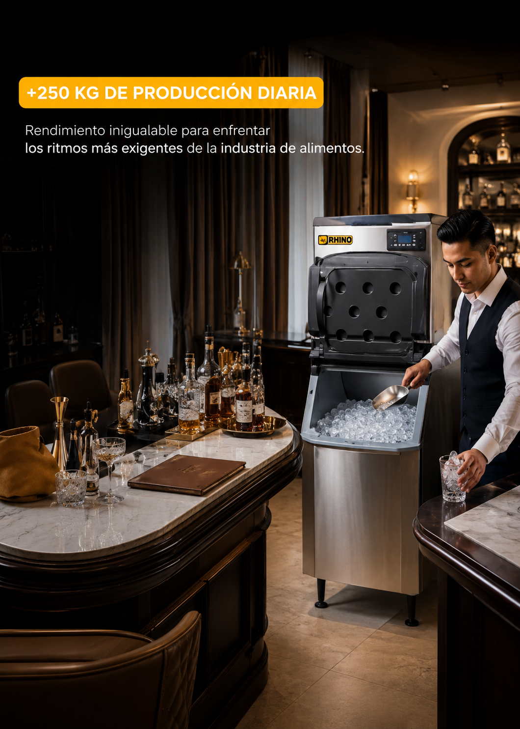 Fabrica industrial de hielo en cubo, producción de 230 kg por 24 hrs. , con deposito de 200 kg. Altura 174.5 cm, ancho 76 cm, largo 86 cm. Cubo de hielo de 2.2 cm. Rhino FAHIEL-230 — imagen de producto