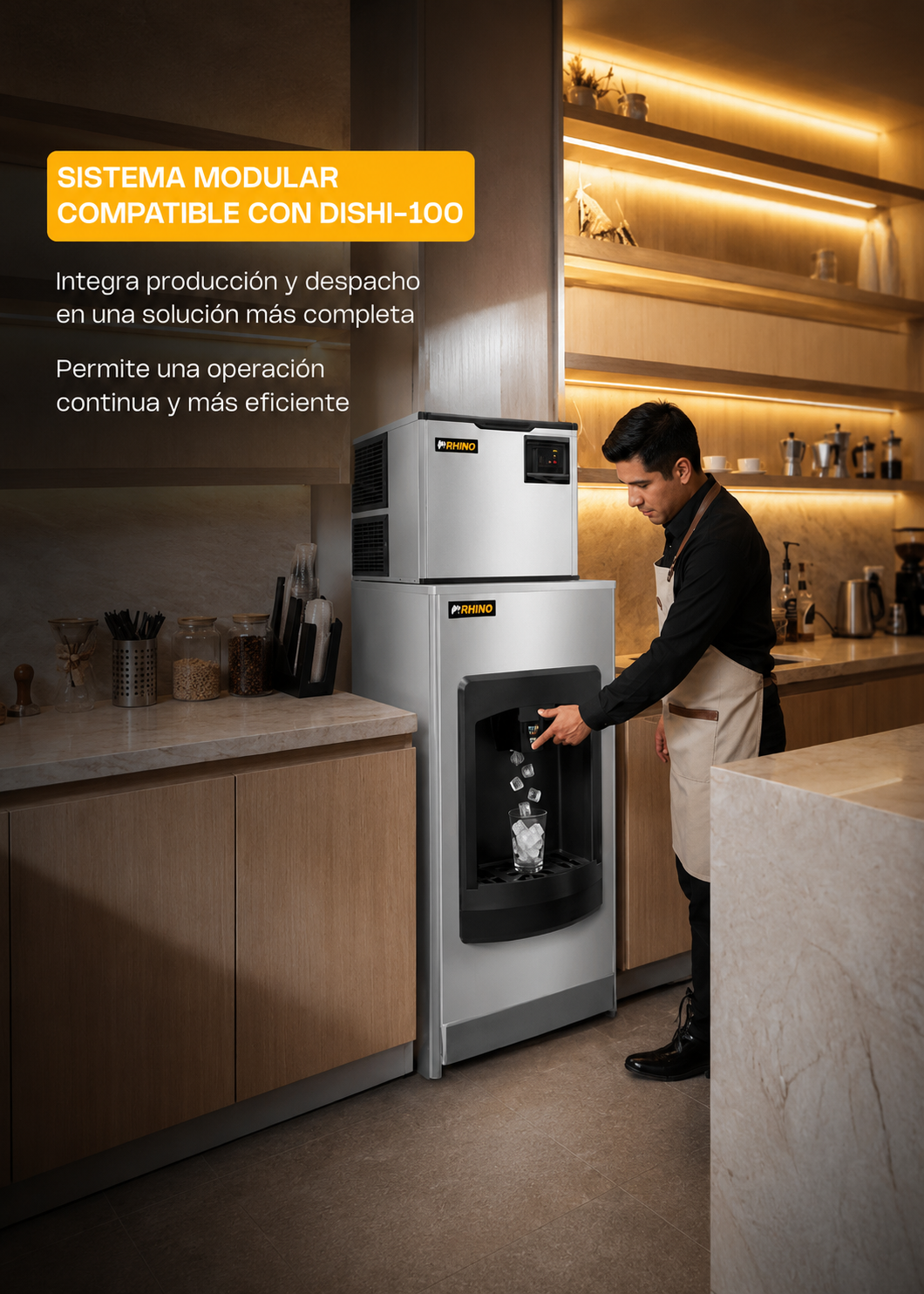 Fabrica industrial de hielo en cubo, producción de 230 kg por 24 hrs. , con deposito de 200 kg. Altura 174.5 cm, ancho 76 cm, largo 86 cm. Cubo de hielo de 2.2 cm. Rhino FAHIEL-230 — imagen de producto
