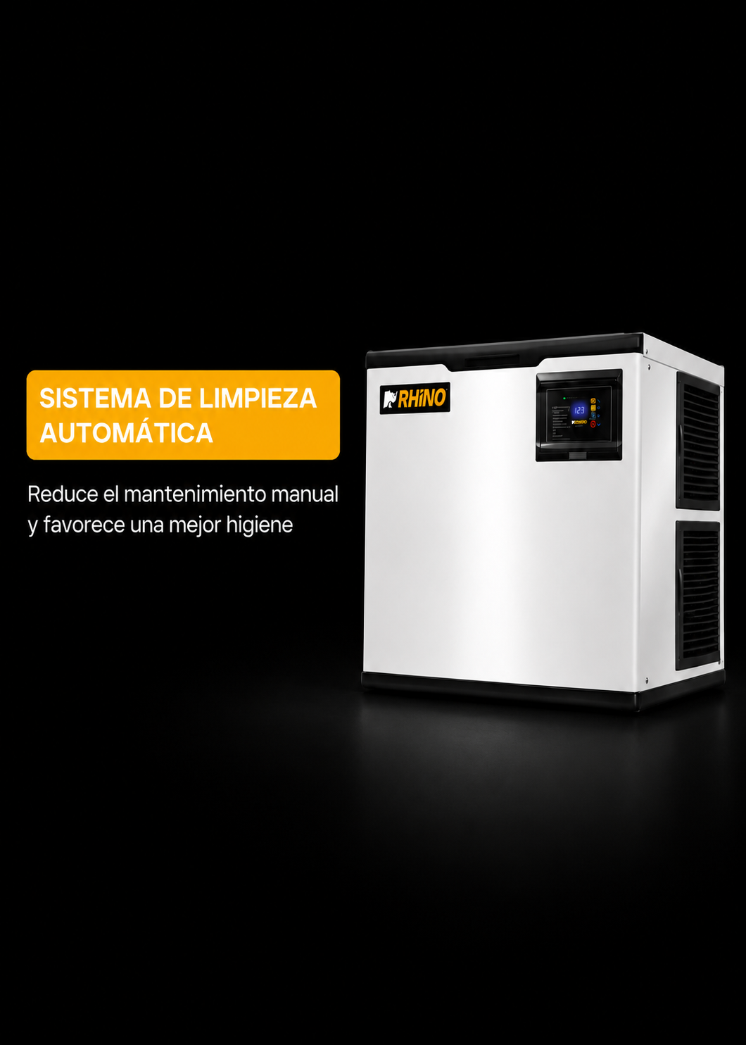 Fabrica industrial de hielo en cubo, producción de 230 kg por 24 hrs. , con deposito de 200 kg. Altura 174.5 cm, ancho 76 cm, largo 86 cm. Cubo de hielo de 2.2 cm. Rhino FAHIEL-230 — imagen de producto