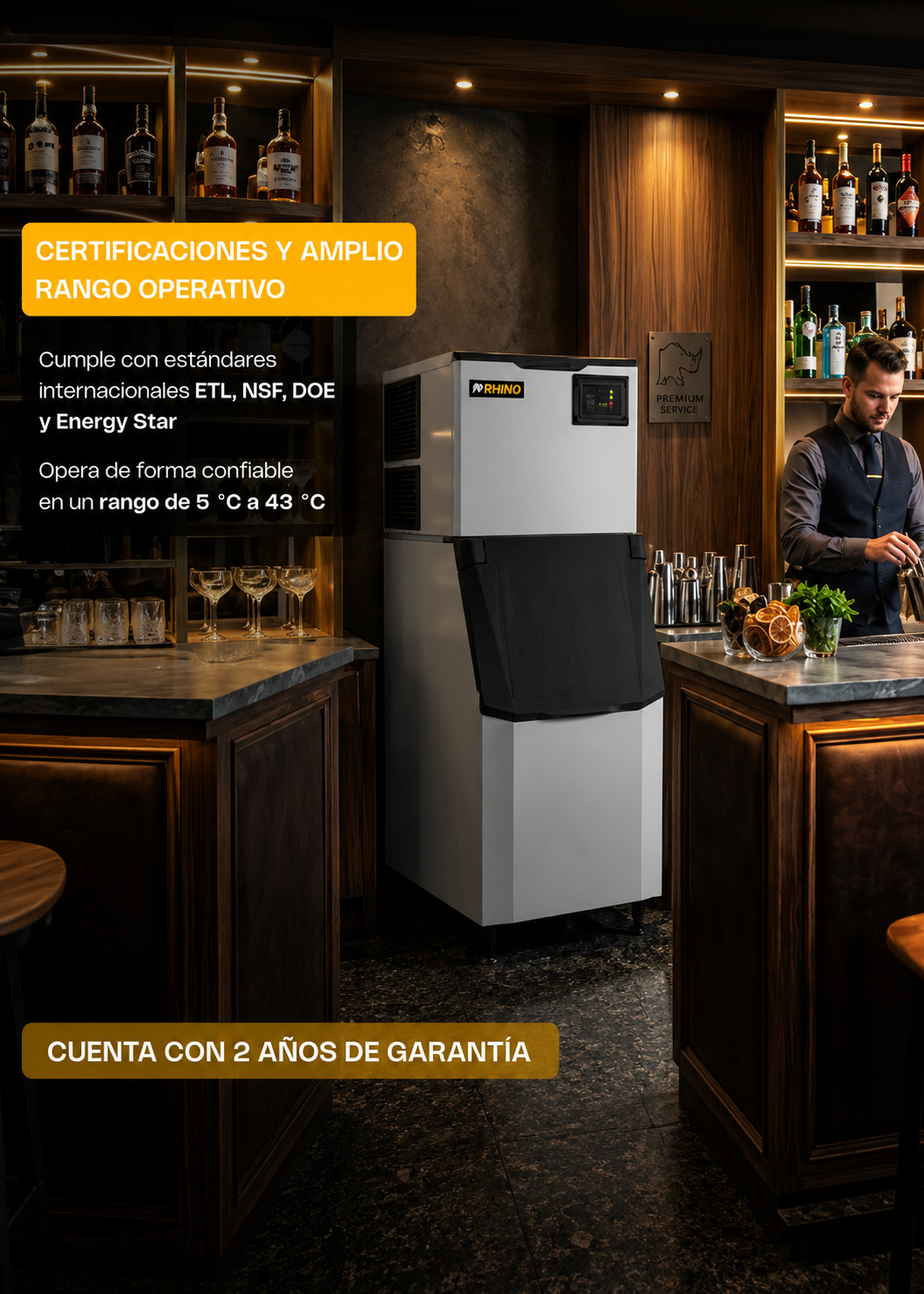 Fabrica industrial de hielo en cubo, producción de 230 kg por 24 hrs. , con deposito de 200 kg. Altura 174.5 cm, ancho 76 cm, largo 86 cm. Cubo de hielo de 2.2 cm. Rhino FAHIEL-230 — imagen de producto