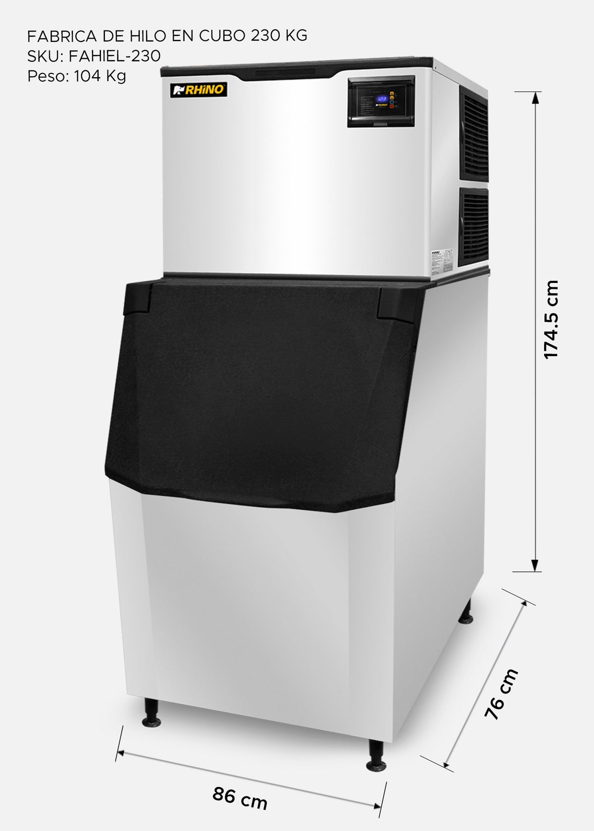 Fabrica industrial de hielo en cubo, producción de 230 kg por 24 hrs. , con deposito de 200 kg. Altura 174.5 cm, ancho 76 cm, largo 86 cm. Cubo de hielo de 2.2 cm. Rhino FAHIEL-230 — imagen de producto