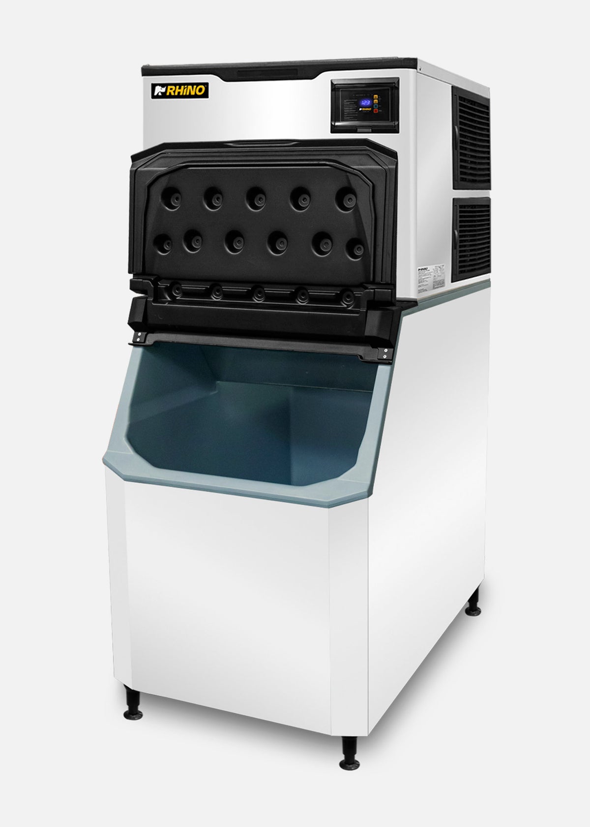 Fabrica industrial de hielo en cubo, producción de 230 kg por 24 hrs. , con deposito de 200 kg. Altura 174.5 cm, ancho 76 cm, largo 86 cm. Cubo de hielo de 2.2 cm. Rhino FAHIEL-230 — imagen de producto