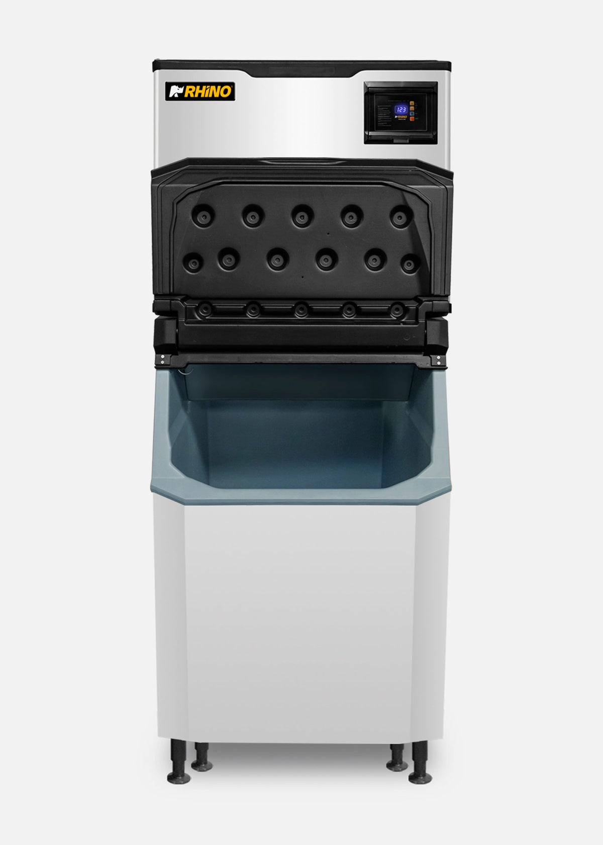 Fabrica industrial de hielo en cubo, producción de 230 kg por 24 hrs. , con deposito de 200 kg. Altura 174.5 cm, ancho 76 cm, largo 86 cm. Cubo de hielo de 2.2 cm. Rhino FAHIEL-230 — imagen de producto
