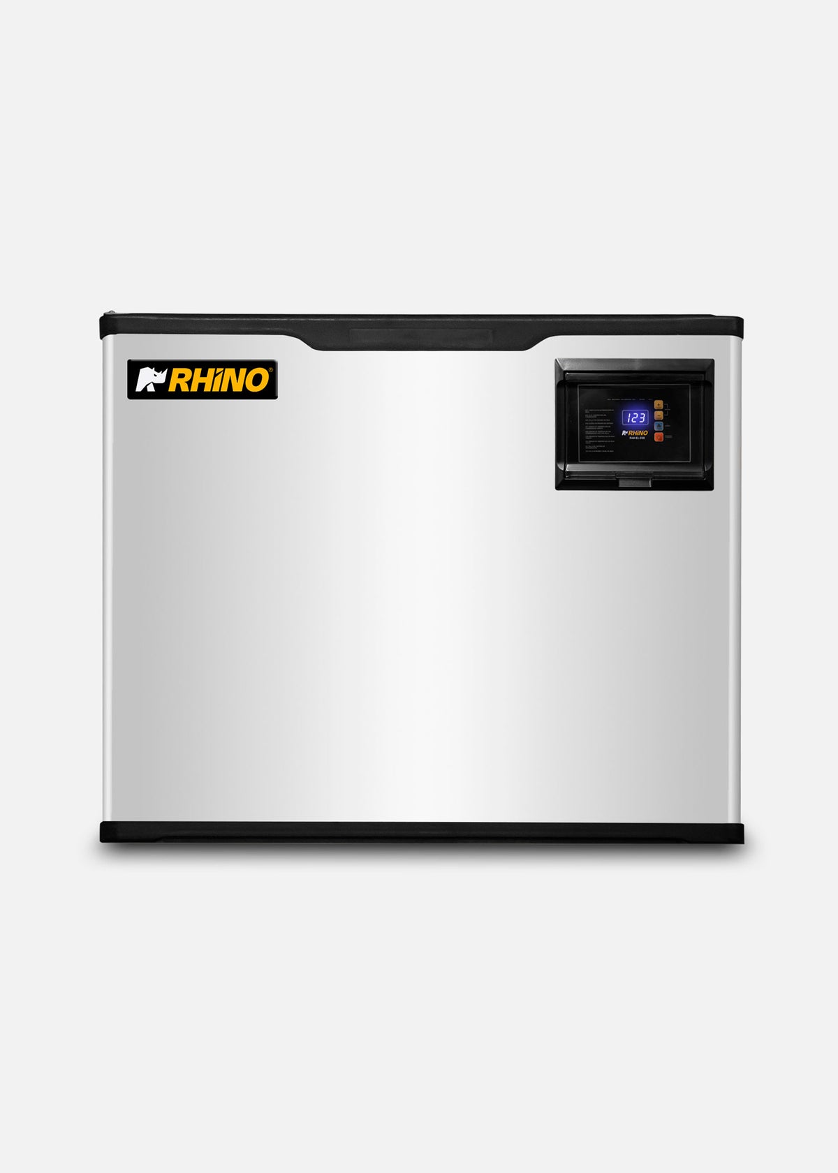 Fabrica industrial de hielo en cubo, producción de 230 kg por 24 hrs. , con deposito de 200 kg. Altura 174.5 cm, ancho 76 cm, largo 86 cm. Cubo de hielo de 2.2 cm. Rhino FAHIEL-230 — imagen de producto