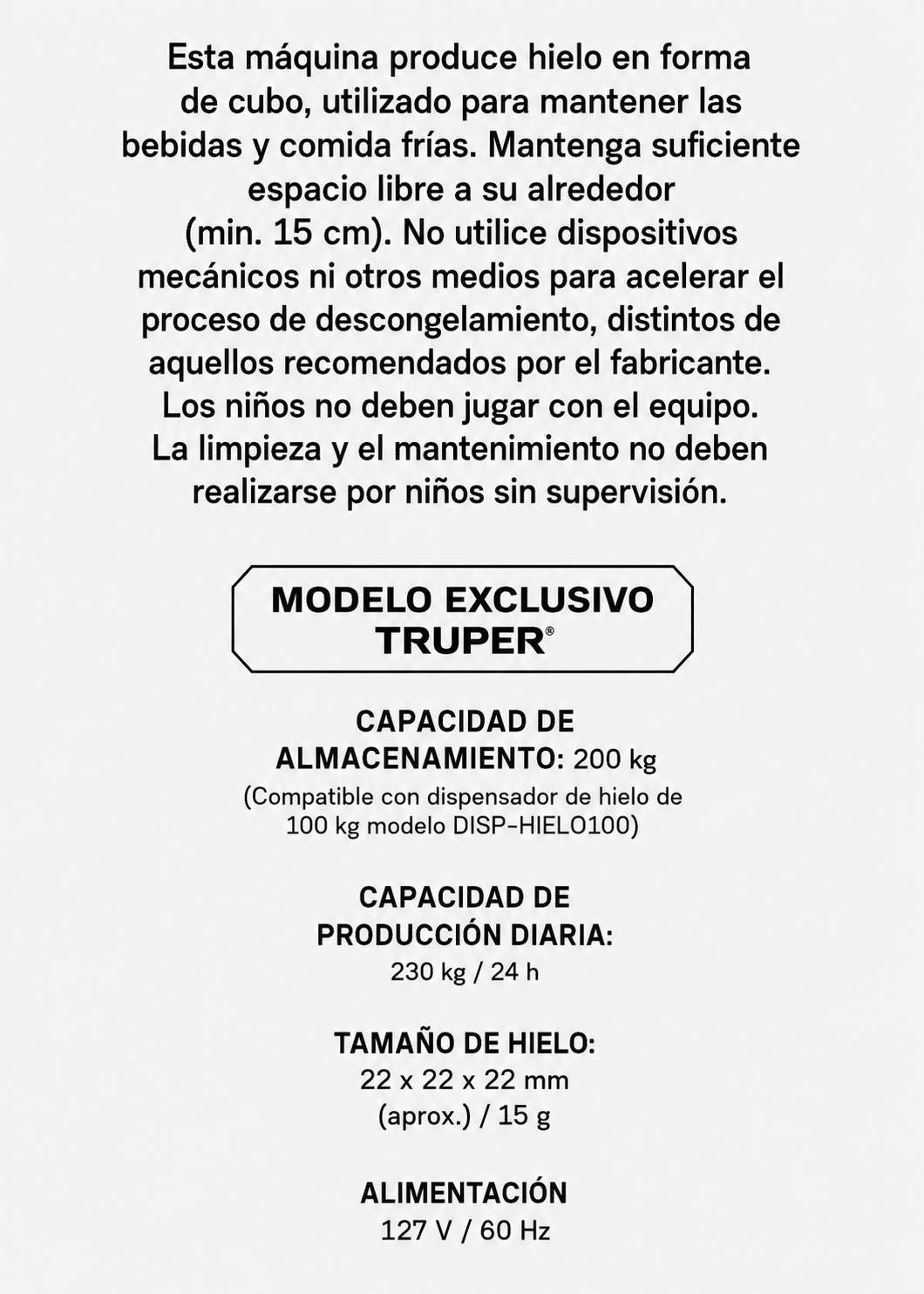 Fabrica industrial de hielo en cubo, producción de 230 kg por 24 hrs. , con deposito de 200 kg. Altura 174.5 cm, ancho 76 cm, largo 86 cm. Cubo de hielo de 2.2 cm. Rhino FAHIEL-230 — imagen de producto