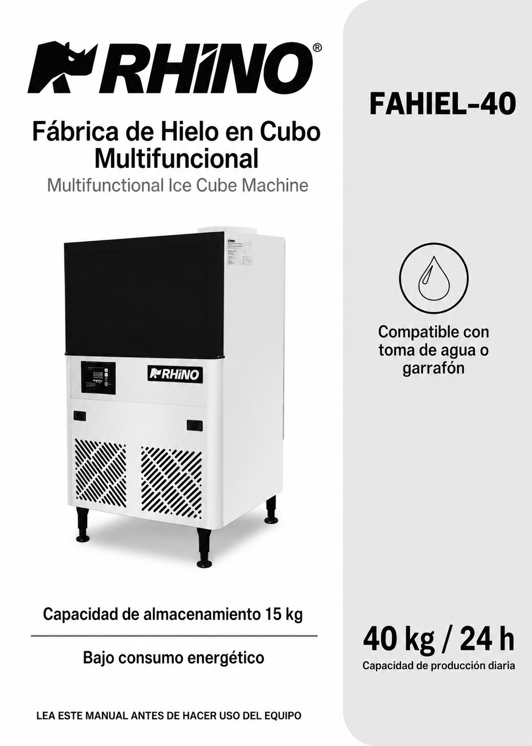 Fabrica de hielo en cubo multifuncional 36 kg por 24 hrs. , con deposito de 15 kg. Largo 86 cm, ancho 56 cm, alto 175 cm. Cubo de hielo de 2.2 cm. Rhino FAHIEL-40 — imagen de producto