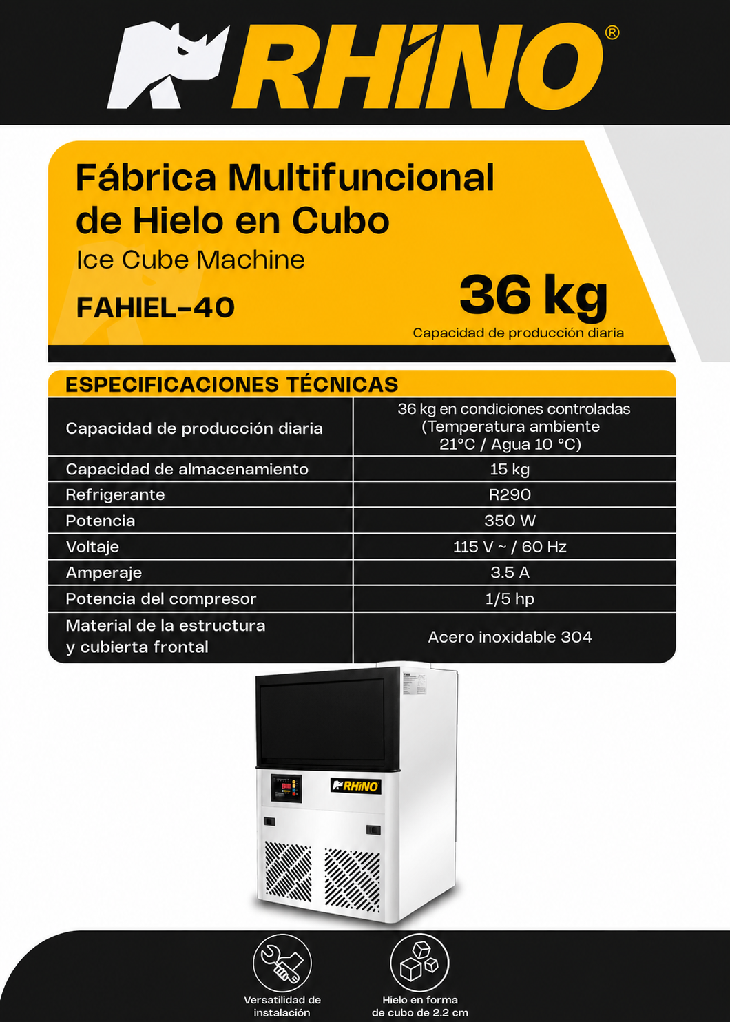 Fabrica de hielo en cubo multifuncional 36 kg por 24 hrs. , con deposito de 15 kg. Largo 86 cm, ancho 56 cm, alto 175 cm. Cubo de hielo de 2.2 cm. Rhino FAHIEL-40 — imagen de producto