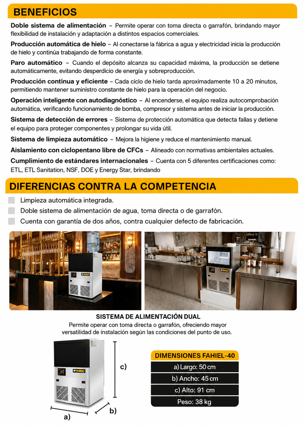 Fabrica de hielo en cubo multifuncional 36 kg por 24 hrs. , con deposito de 15 kg. Largo 86 cm, ancho 56 cm, alto 175 cm. Cubo de hielo de 2.2 cm. Rhino FAHIEL-40 — imagen de producto