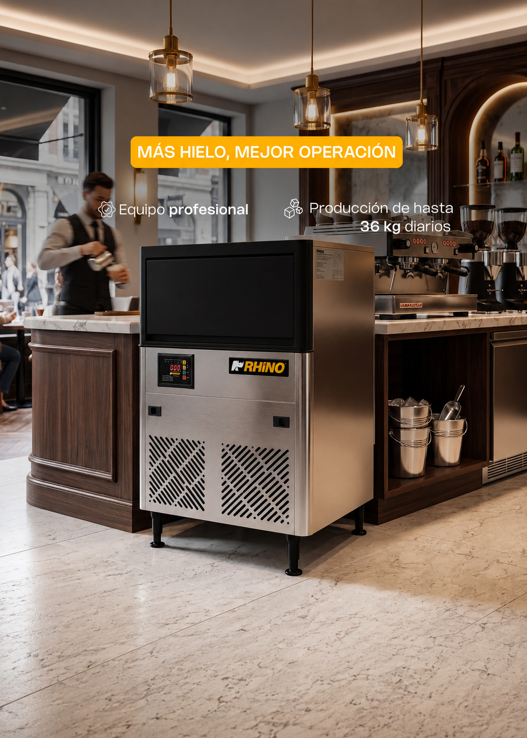Fabrica de hielo en cubo multifuncional 36 kg por 24 hrs. , con deposito de 15 kg. Largo 86 cm, ancho 56 cm, alto 175 cm. Cubo de hielo de 2.2 cm. Rhino FAHIEL-40 — imagen de producto
