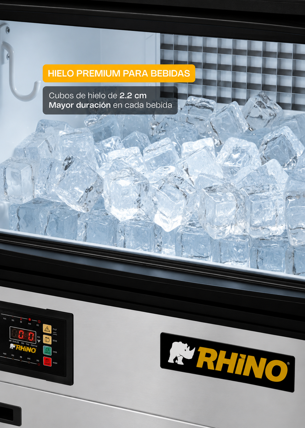 Fabrica de hielo en cubo multifuncional 36 kg por 24 hrs. , con deposito de 15 kg. Largo 86 cm, ancho 56 cm, alto 175 cm. Cubo de hielo de 2.2 cm. Rhino FAHIEL-40 — imagen de producto