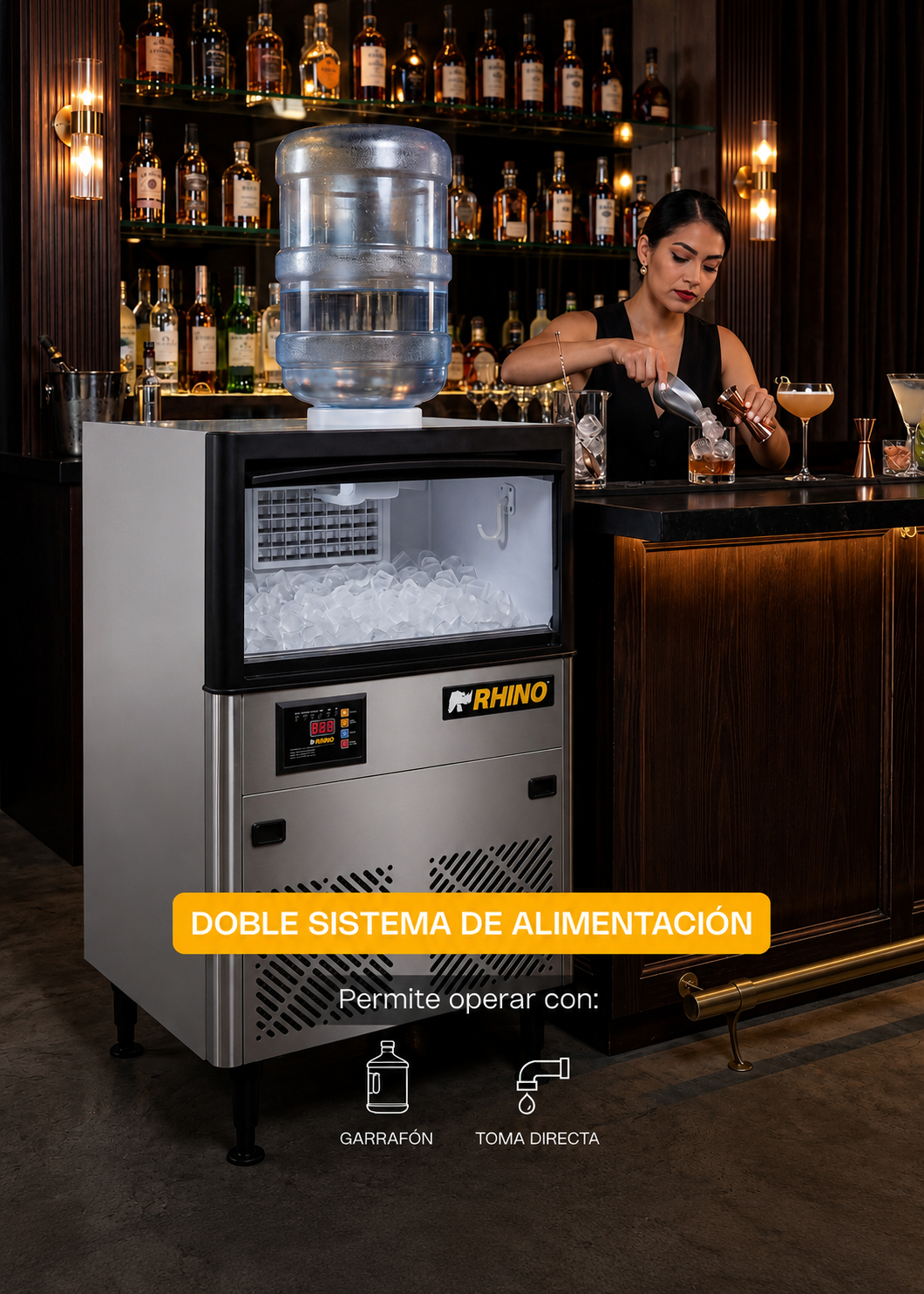 Fabrica de hielo en cubo multifuncional 36 kg por 24 hrs. , con deposito de 15 kg. Largo 86 cm, ancho 56 cm, alto 175 cm. Cubo de hielo de 2.2 cm. Rhino FAHIEL-40 — imagen de producto