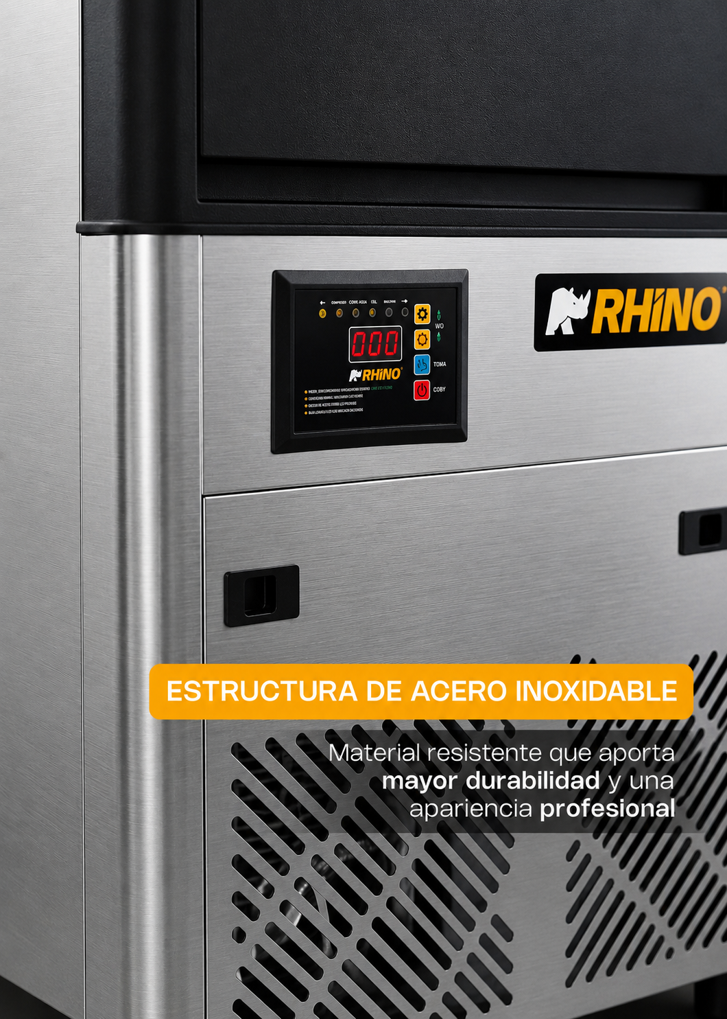 Fabrica de hielo en cubo multifuncional 36 kg por 24 hrs. , con deposito de 15 kg. Largo 86 cm, ancho 56 cm, alto 175 cm. Cubo de hielo de 2.2 cm. Rhino FAHIEL-40 — imagen de producto