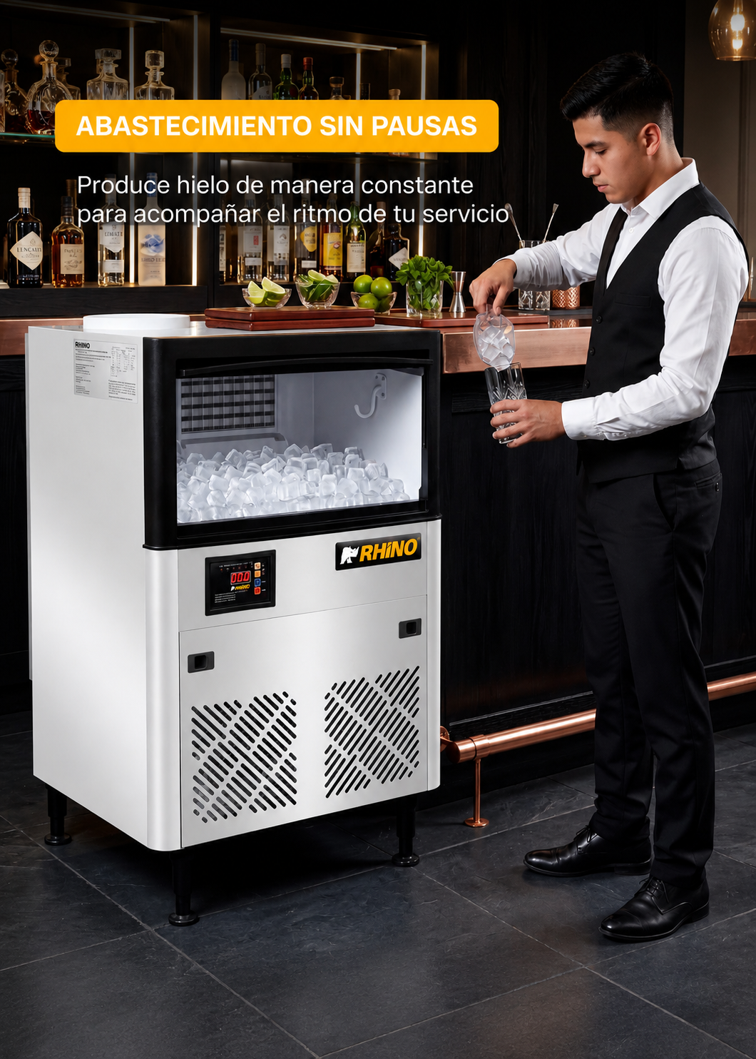 Fabrica de hielo en cubo multifuncional 36 kg por 24 hrs. , con deposito de 15 kg. Largo 86 cm, ancho 56 cm, alto 175 cm. Cubo de hielo de 2.2 cm. Rhino FAHIEL-40 — imagen de producto