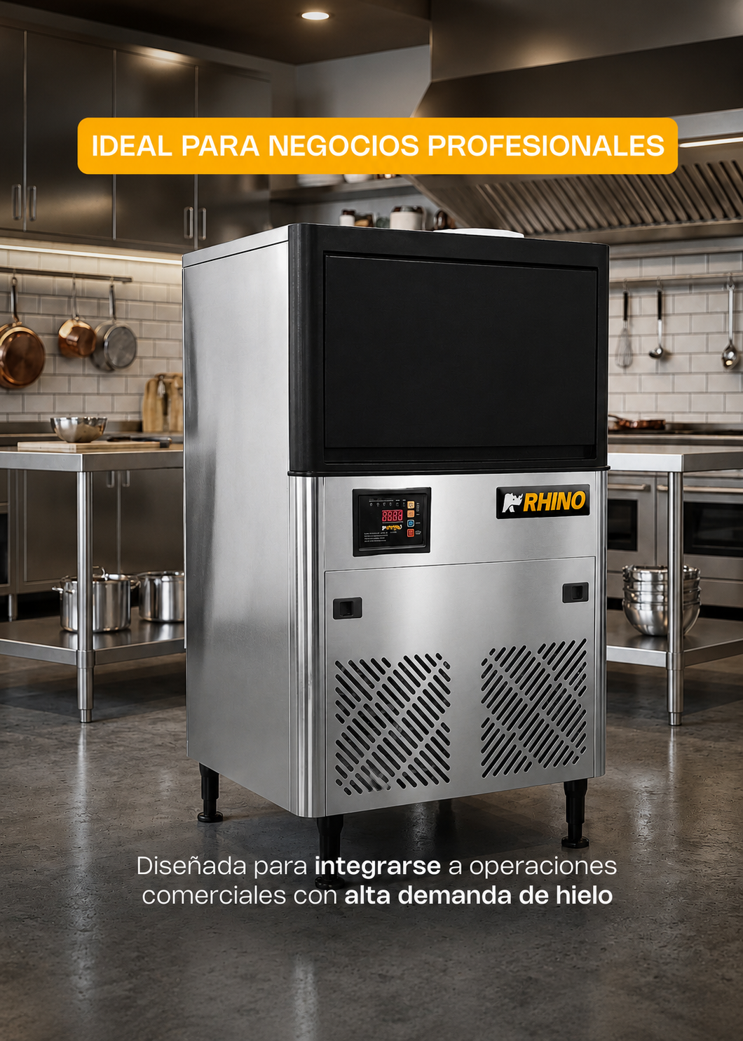 Fabrica de hielo en cubo multifuncional 36 kg por 24 hrs. , con deposito de 15 kg. Largo 86 cm, ancho 56 cm, alto 175 cm. Cubo de hielo de 2.2 cm. Rhino FAHIEL-40 — imagen de producto