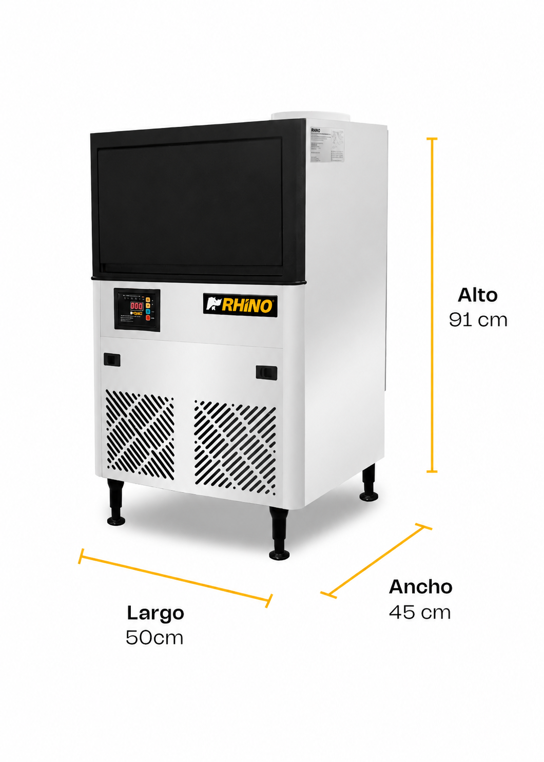 Fabrica de hielo en cubo multifuncional 36 kg por 24 hrs. , con deposito de 15 kg. Largo 86 cm, ancho 56 cm, alto 175 cm. Cubo de hielo de 2.2 cm. Rhino FAHIEL-40 — imagen de producto