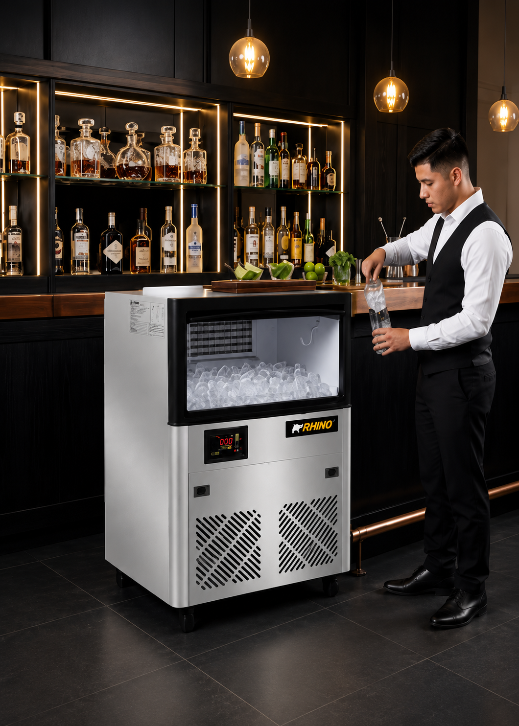 Fabrica de hielo en cubo multifuncional 36 kg por 24 hrs. , con deposito de 15 kg. Largo 86 cm, ancho 56 cm, alto 175 cm. Cubo de hielo de 2.2 cm. Rhino FAHIEL-40 — imagen de producto
