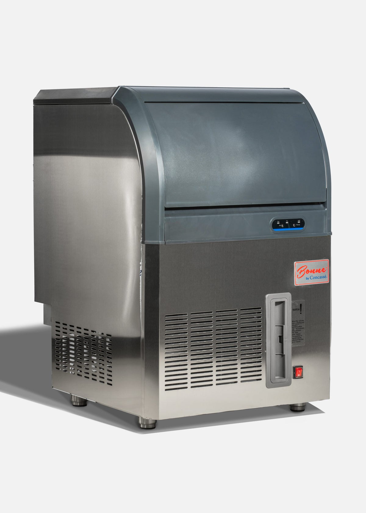 Fabrica de hielo eléctrica de acero inoxidable con capacidad de 60 kg por 24 hrs. Largo 66 cm, ancho 61 cm, alto 98 cm. Cubo de hielo de 2.2 cm — imagen de producto image