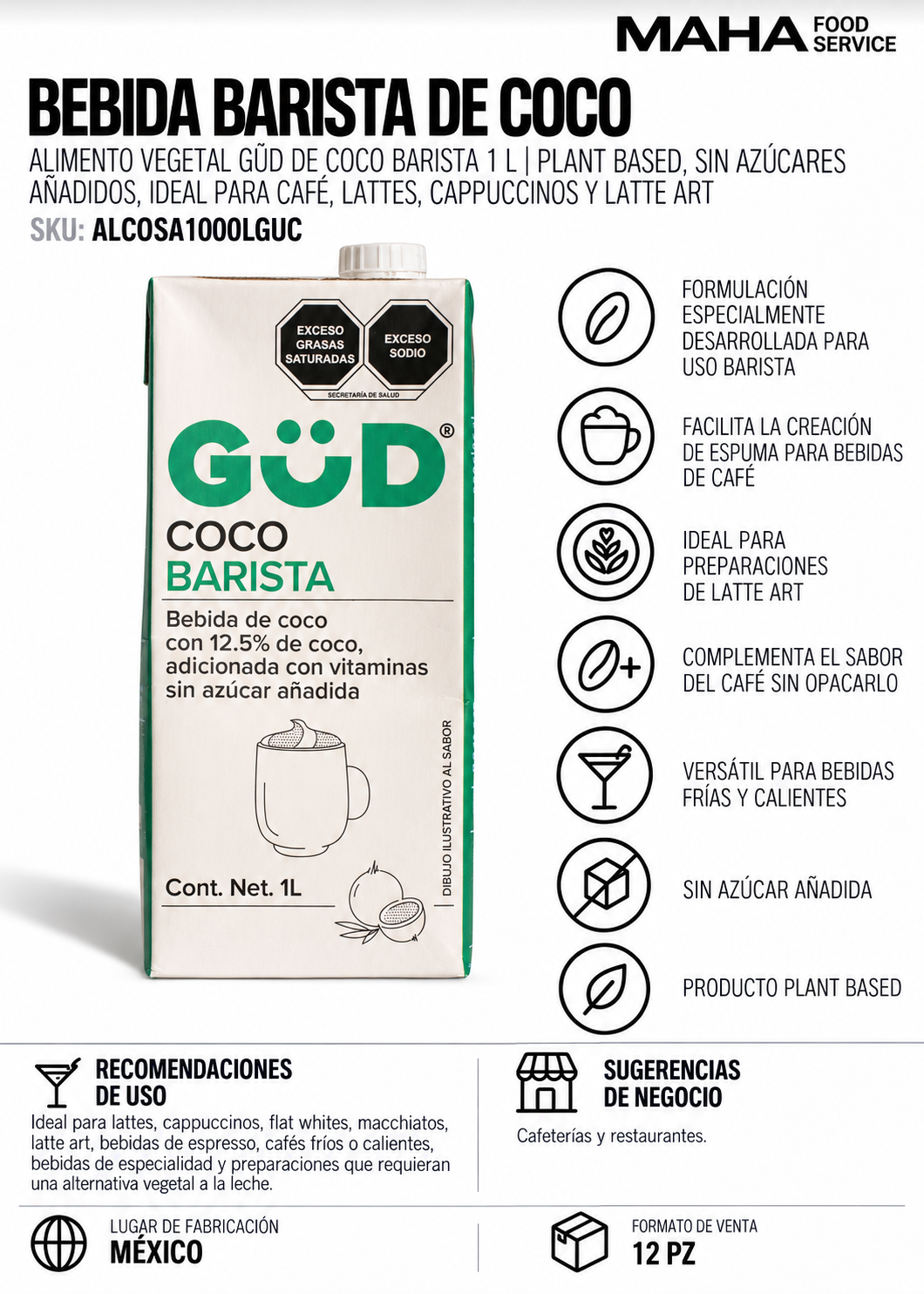Ficha técnica de Bebida barista de coco sin azúcar añadida Gud 1 L para restaurantes, hoteles y servicio de mesa HORECA