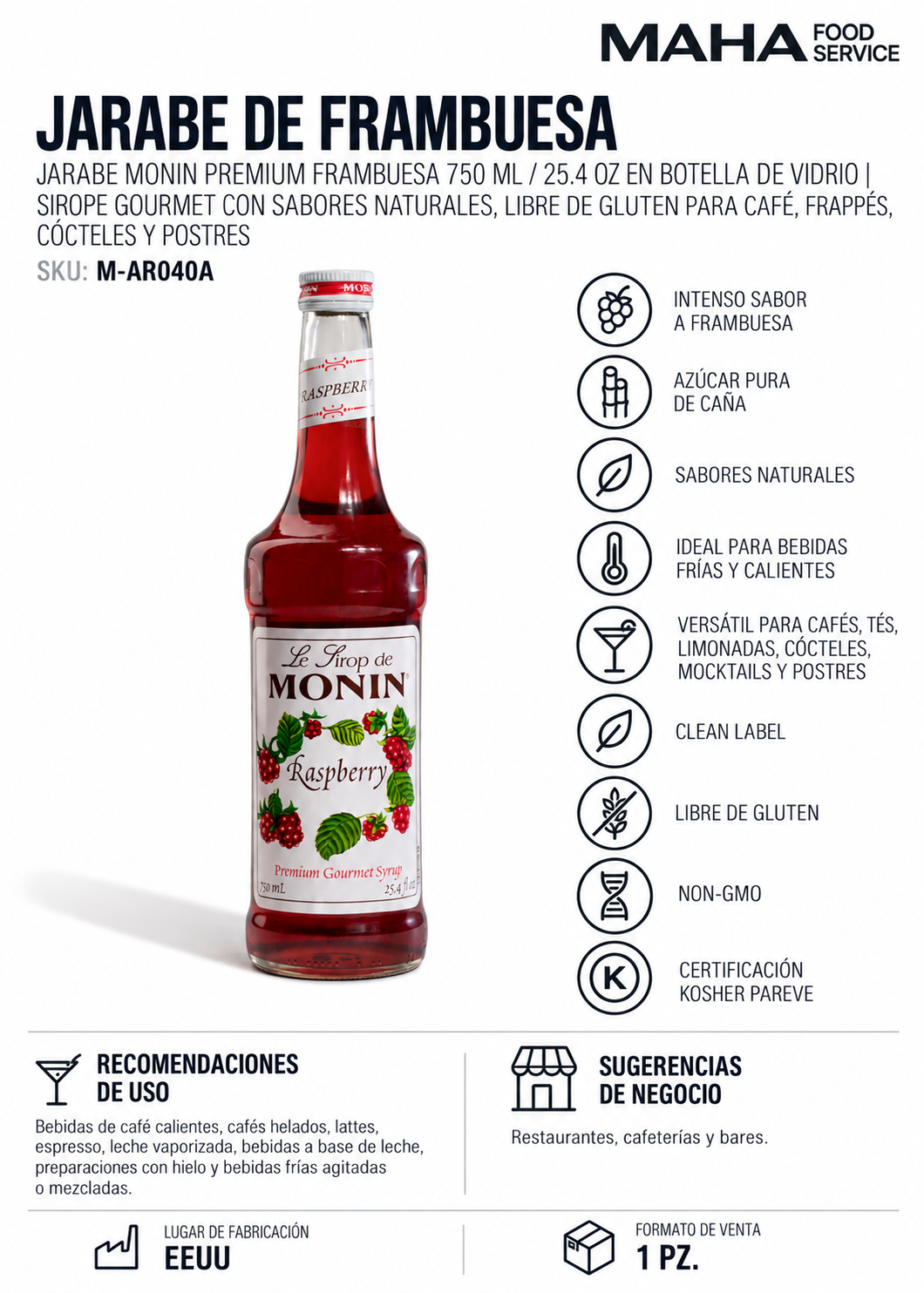 Ficha técnica de Jarabe de frambuesa botella de vidrio Monin 750 ml para bares, cafeterías y mixología profesional