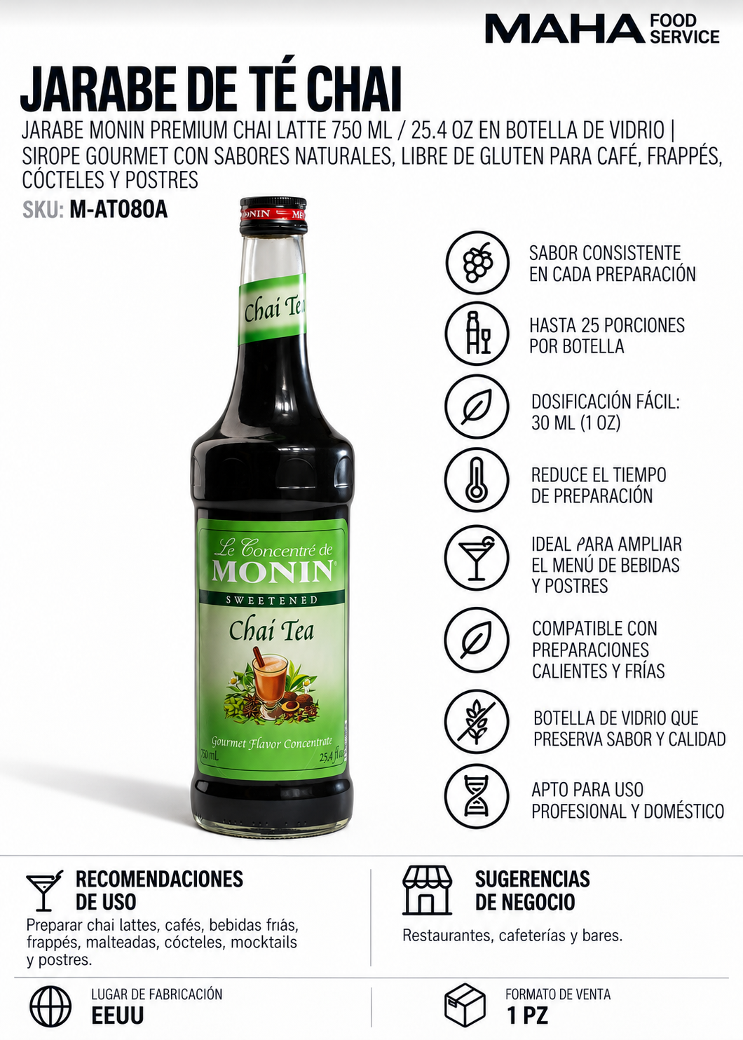 Ficha técnica de Jarabe de té chai botella de vidrio Monin 750 ml para bares, cafeterías y mixología profesional