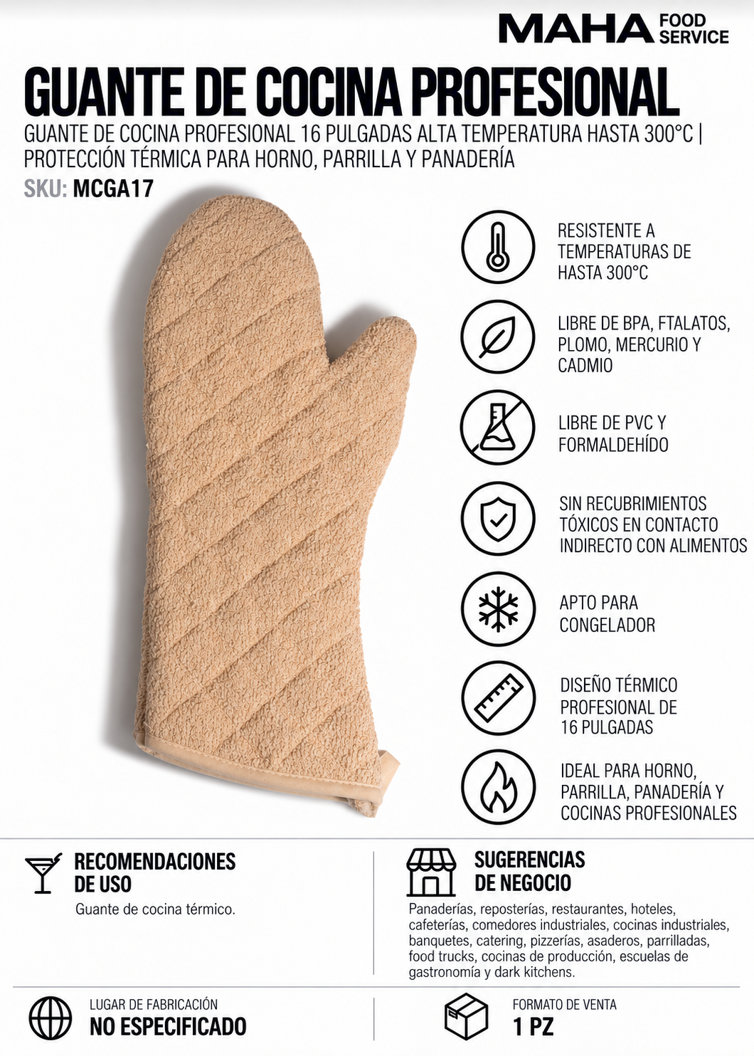 Ficha técnica de Guantes de cocina profesional beige resistente a 300° C 16" para restaurantes, hoteles y servicio de mesa HORECA