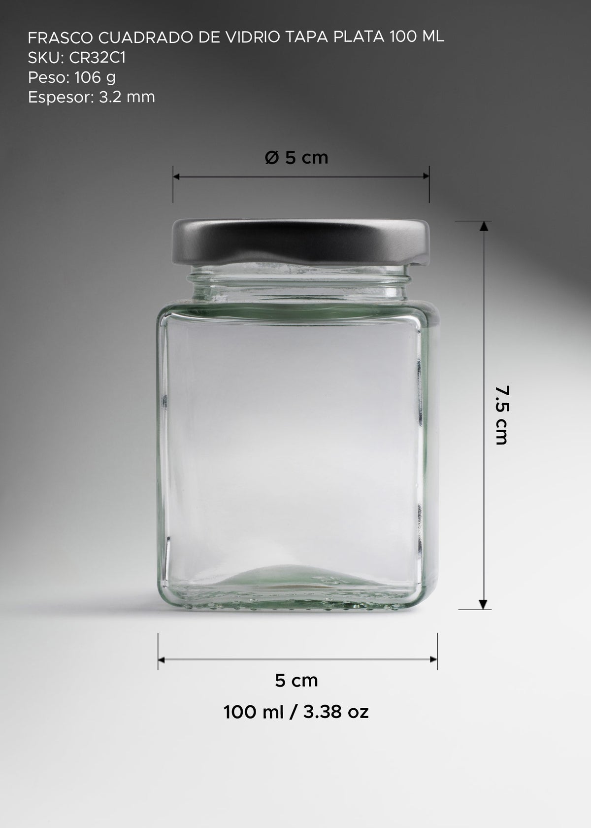 Frasco cuadrado de vidrio transparente con tapa de rosca plata premium para miel, especias y recuerdos 100 ml — imagen de producto