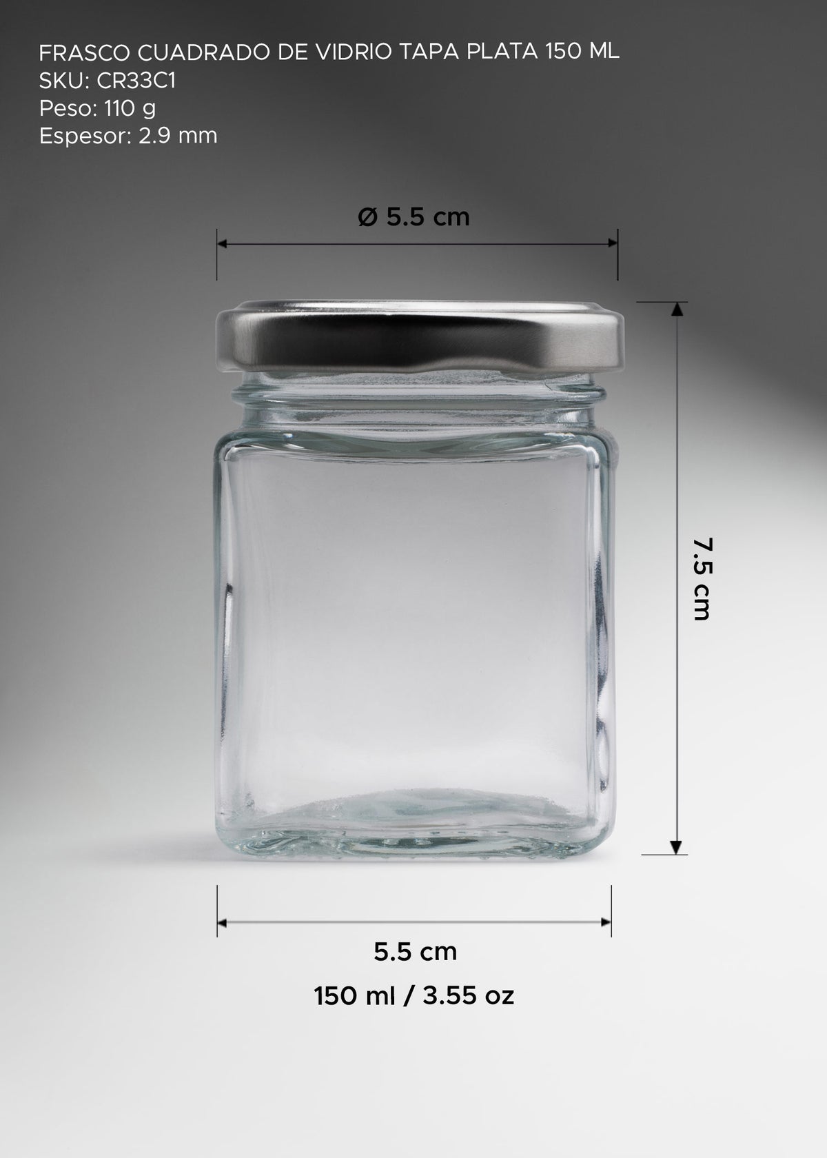 Frasco cuadrado de vidrio transparente con tapa de rosca plata premium para miel, especias y recuerdos 150 ml — imagen de producto