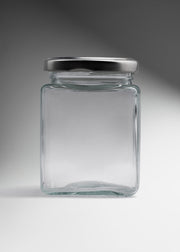 Frasco cuadrado de vidrio transparente con tapa de rosca plata premium para miel, mermeladas, especias, dulces y productos artesanales 200 ml — imagen de producto