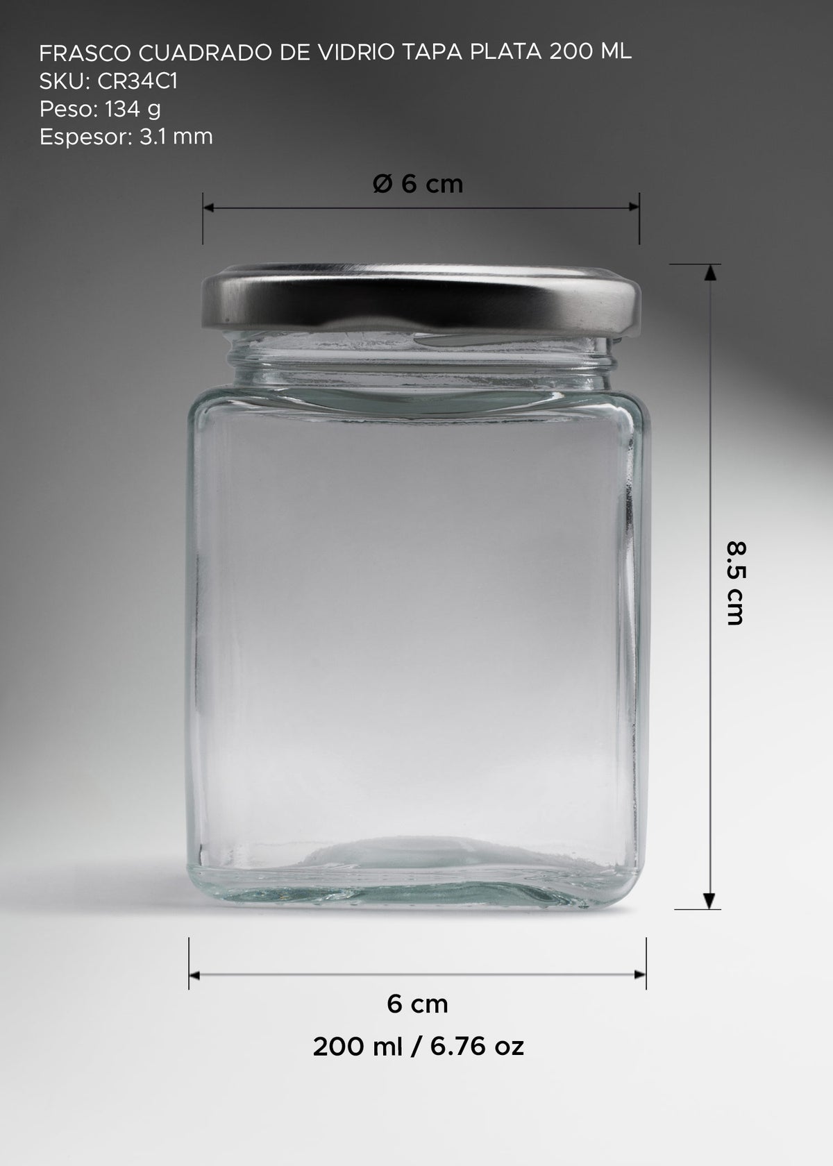 Frasco cuadrado de vidrio transparente con tapa de rosca plata premium para miel, mermeladas, especias, dulces y productos artesanales 200 ml — imagen de producto