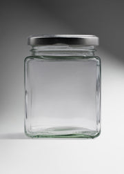 Frasco cuadrado de vidrio transparente con tapa de rosca plata para miel, mermeladas, especias, dulces y productos gourmet 280 ml — imagen de producto