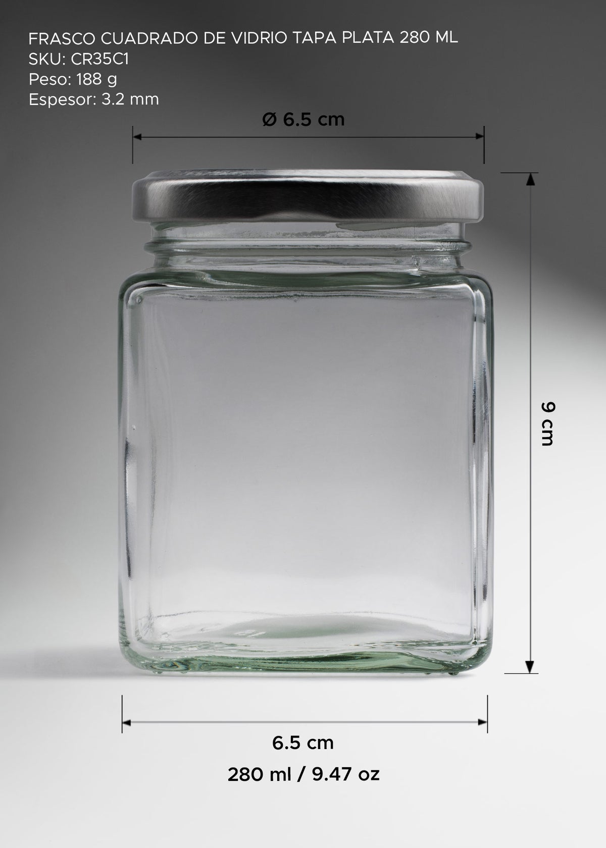 Frasco cuadrado de vidrio transparente con tapa de rosca plata para miel, mermeladas, especias, dulces y productos gourmet 280 ml — imagen de producto