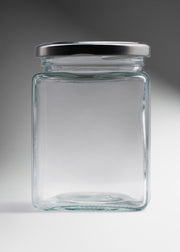 Frasco cuadrado de vidrio transparente con tapa de rosca plata premium para miel, mermeladas, especias, dulces y productos gourmet 380 ml — imagen de producto