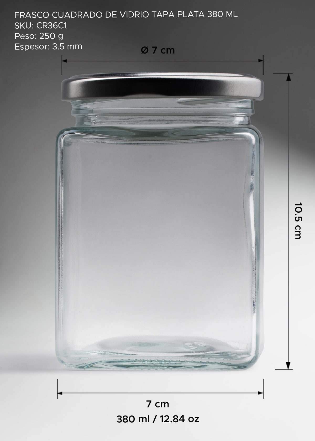 Frasco cuadrado de vidrio transparente con tapa de rosca plata premium para miel, mermeladas, especias, dulces y productos gourmet 380 ml — imagen de producto