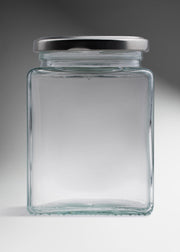 Frasco cuadrado de vidrio transparente con tapa de rosca plata premium para almacenamiento y decoración 500 ml — imagen de producto