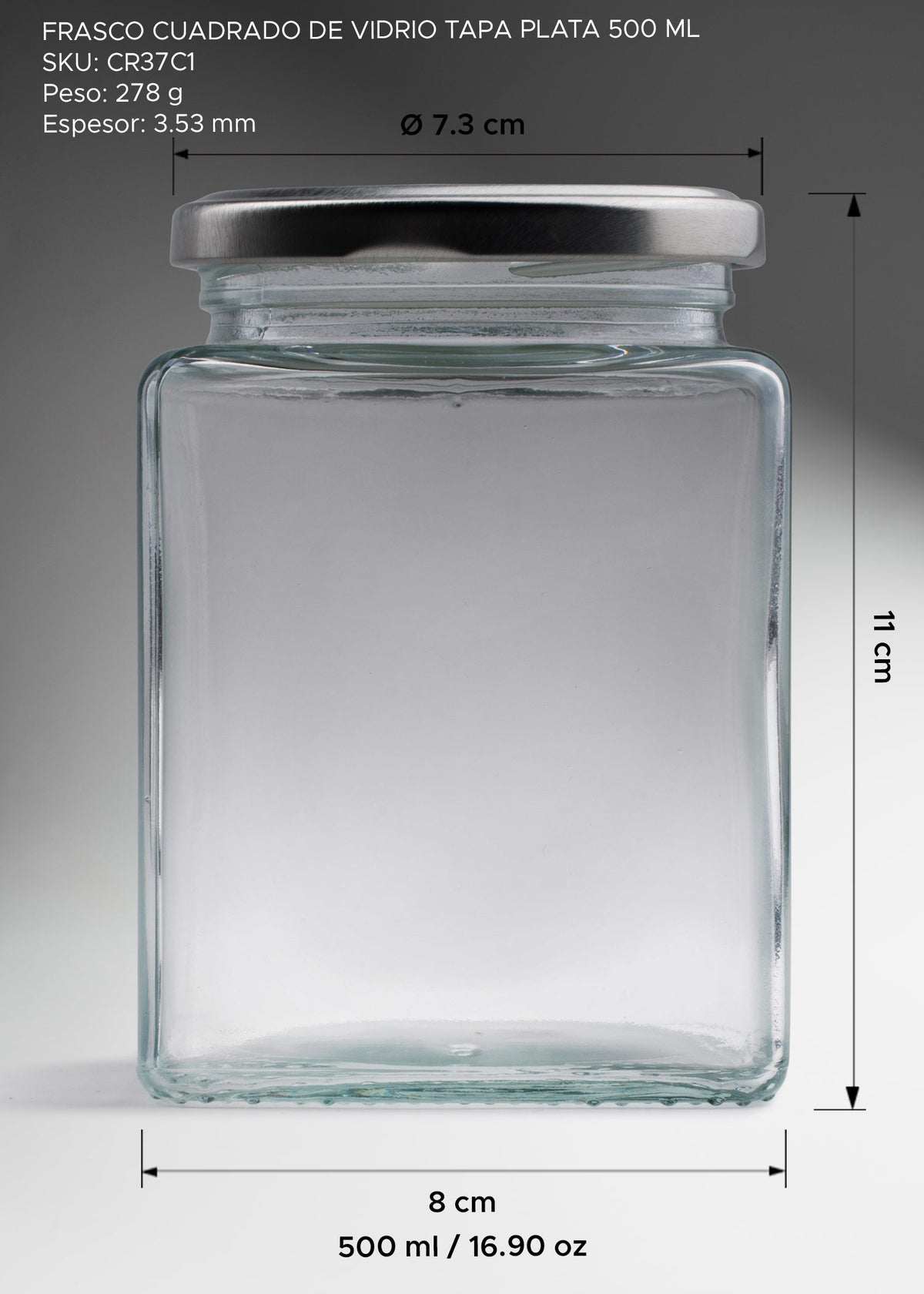 Frasco cuadrado de vidrio transparente con tapa de rosca plata premium para almacenamiento y decoración 500 ml — imagen de producto