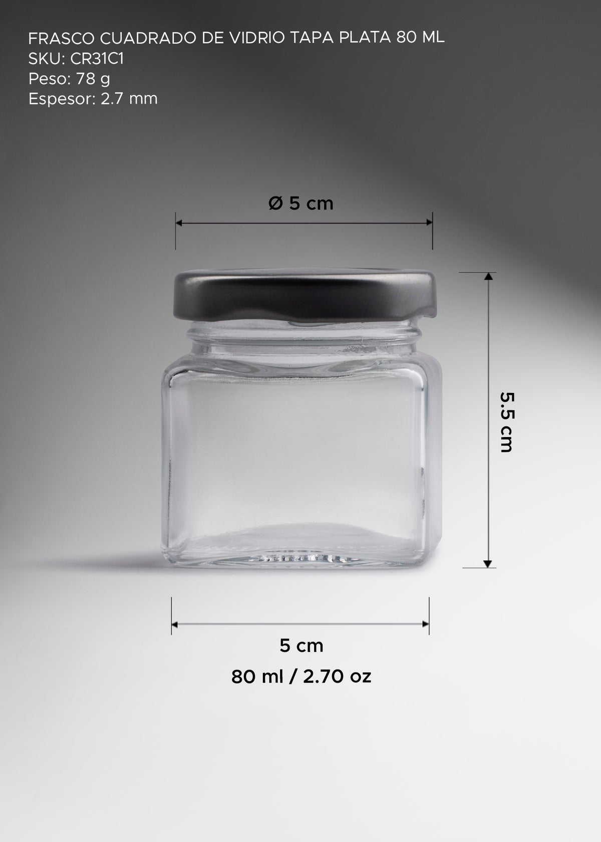 Frasco mini cuadrado de vidrio transparente con tapa de rosca plata premium para especias, recuerdos y productos gourmet 80 ml — imagen de producto