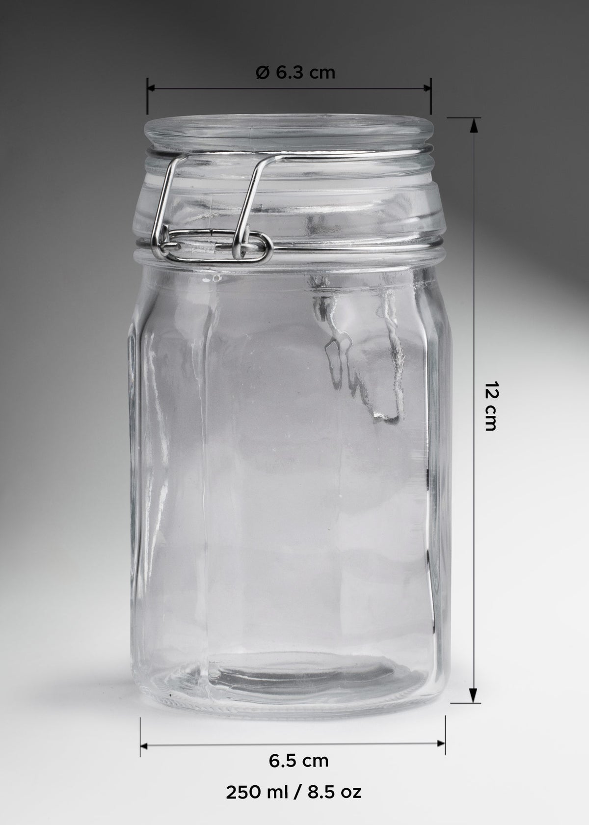 Frasco hexagonal especiero de vidrio hermético con tapa clip Brocalito 250 ml — imagen de producto